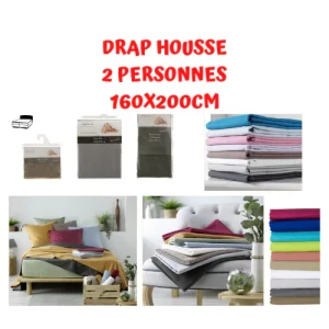 Drap housse 2 personnes 160x200cm - 100% PUR COTON 57 FILS - Qualité Hôtel Gîtes